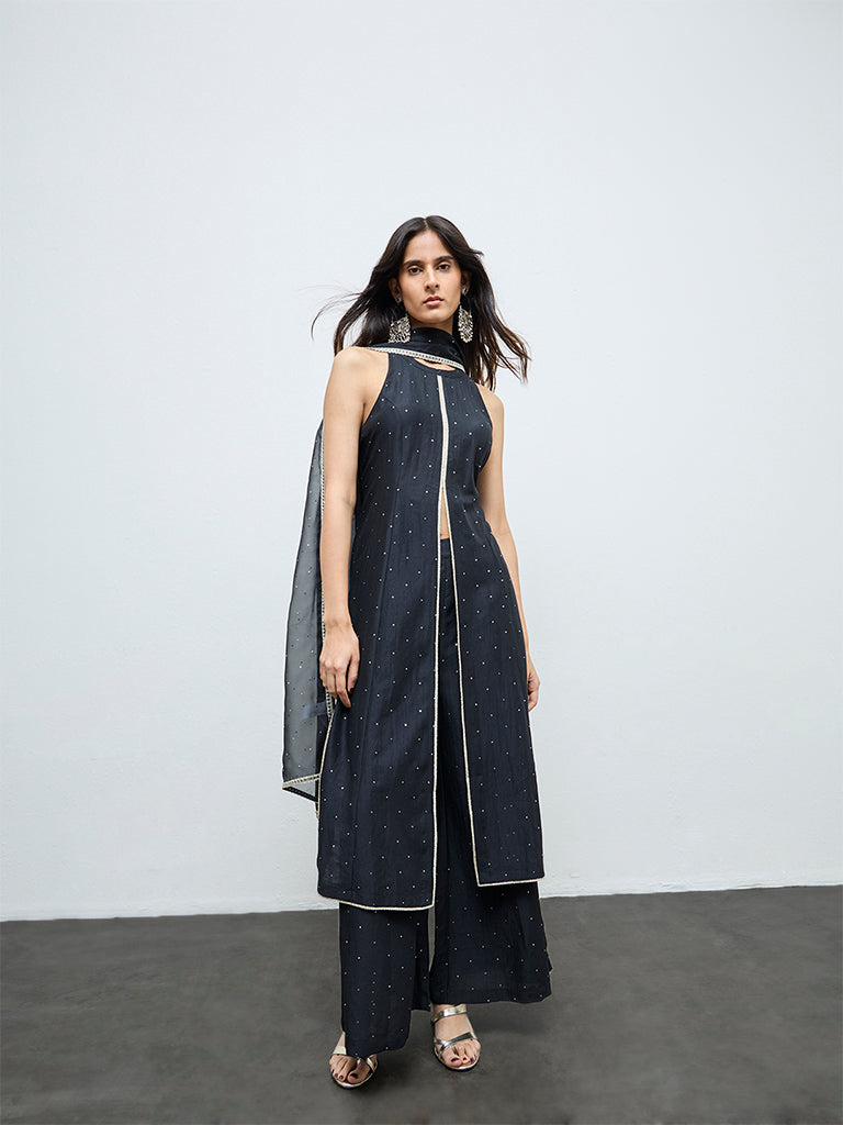 Vark Black Embellished A-Line Ethnic Set