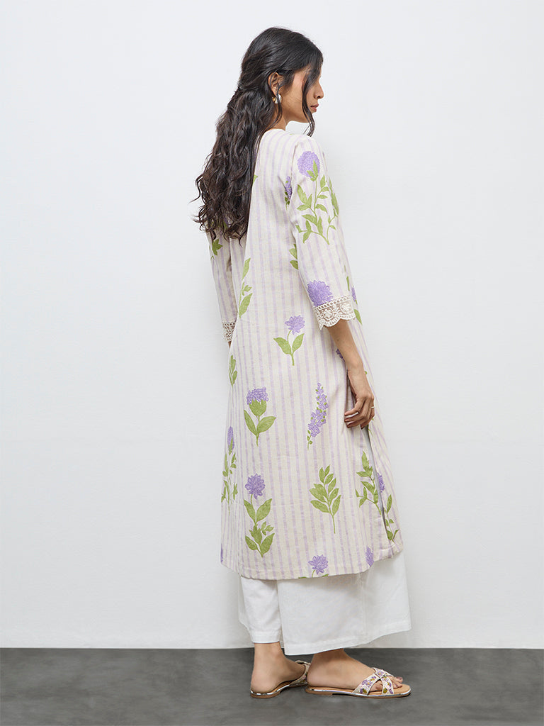 Utsa Purple Floral Printed A-Line Cotton Kurta