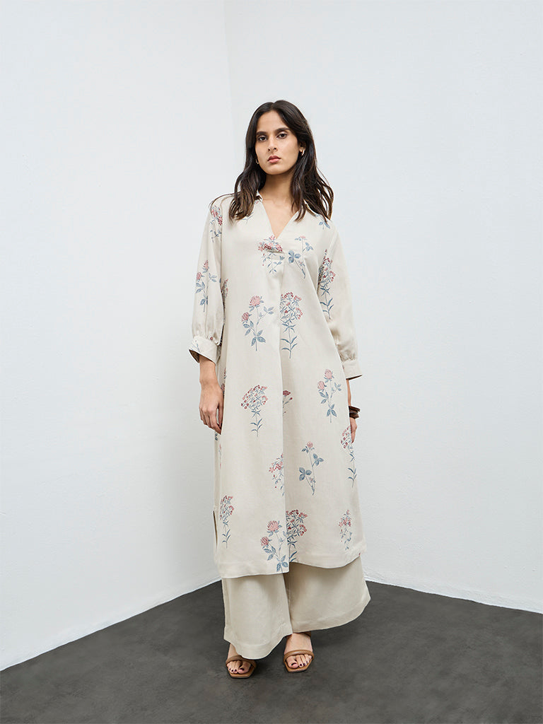 Zuba Light Beige Floral Printed A-Line Kurta