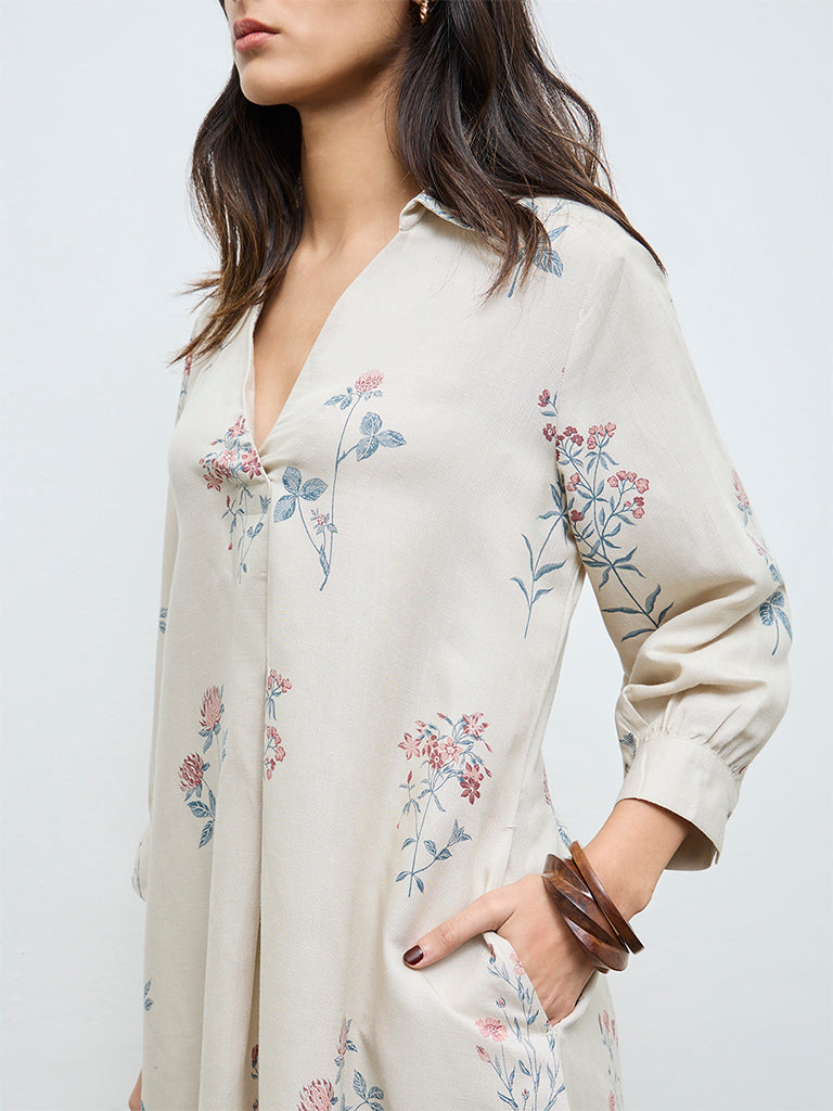Zuba Light Beige Floral Printed A-Line Kurta