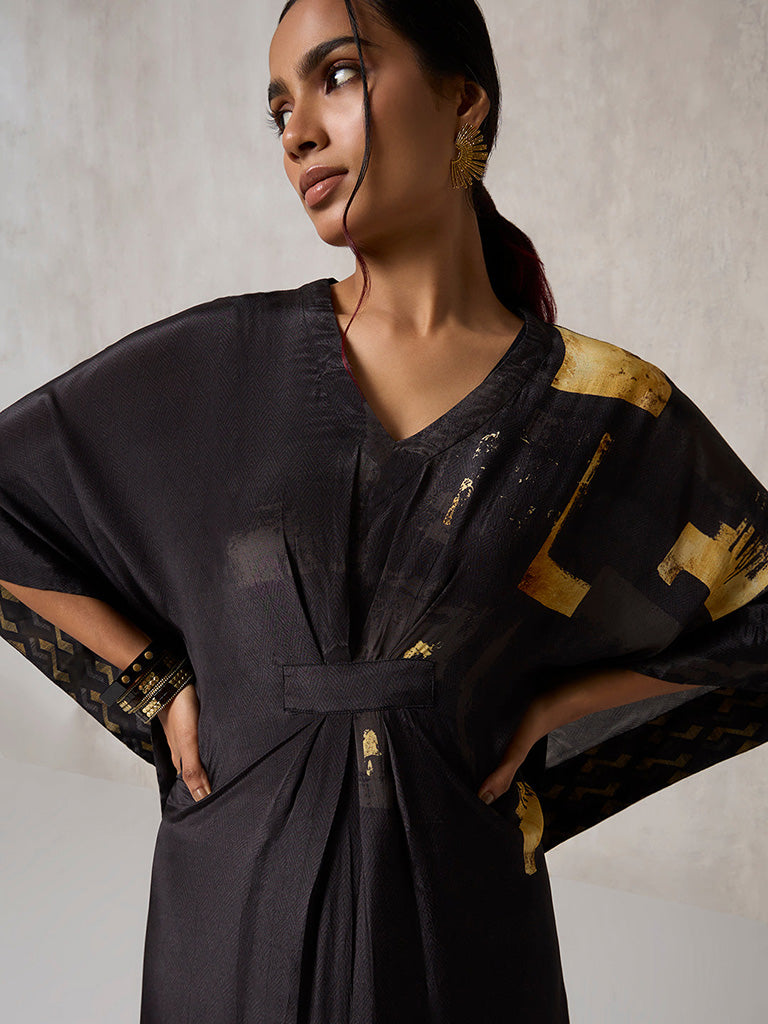 Printed Black Kaftan with Slip