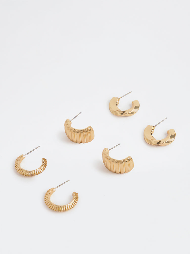 Westside Accessories Gold Textured and Chunky Hoop Earrings (Pack of 3)