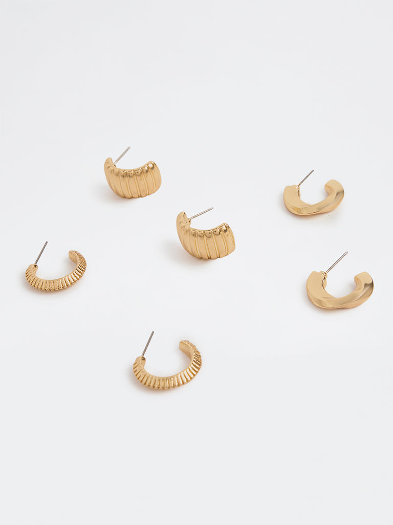 Westside Accessories Gold Textured and Chunky Hoop Earrings (Pack of 3)