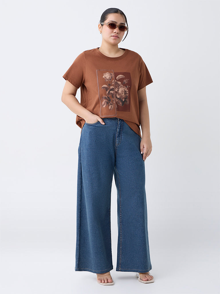 Gia Brown Floral Pattern Cotton T-Shirt