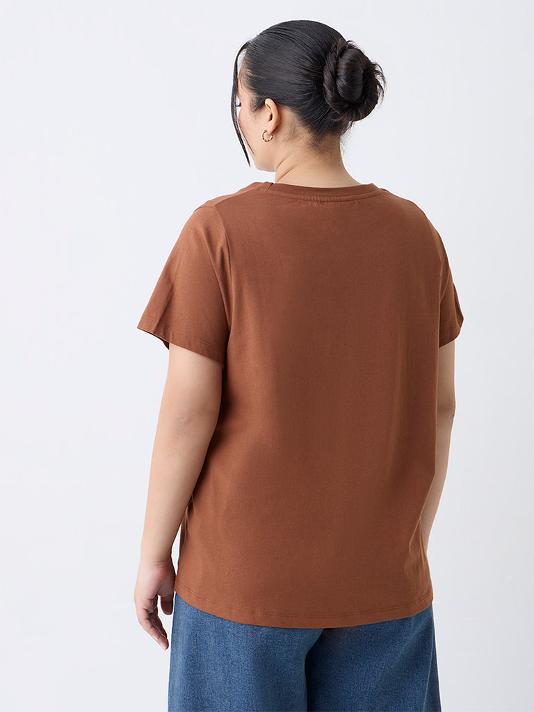 Gia Brown Floral Pattern Cotton T-Shirt