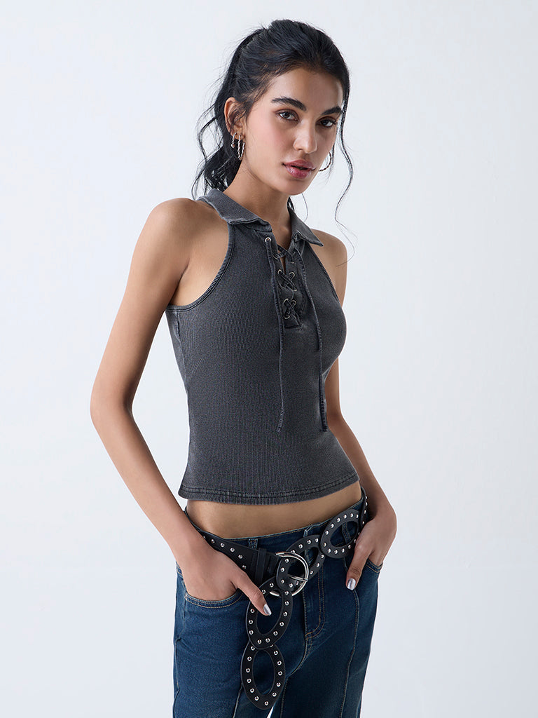 Nuon Dark Grey Ribbed-Textured Cotton-Blend Top