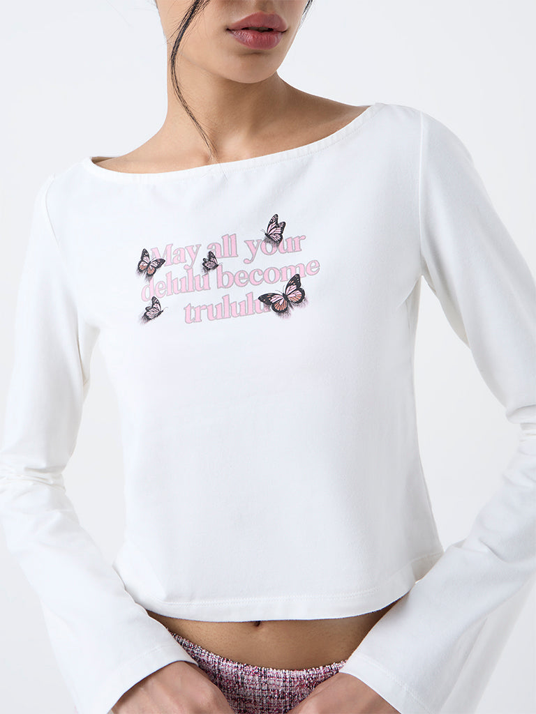 Nuon White Text Pattern Cotton-Blend T-Shirt