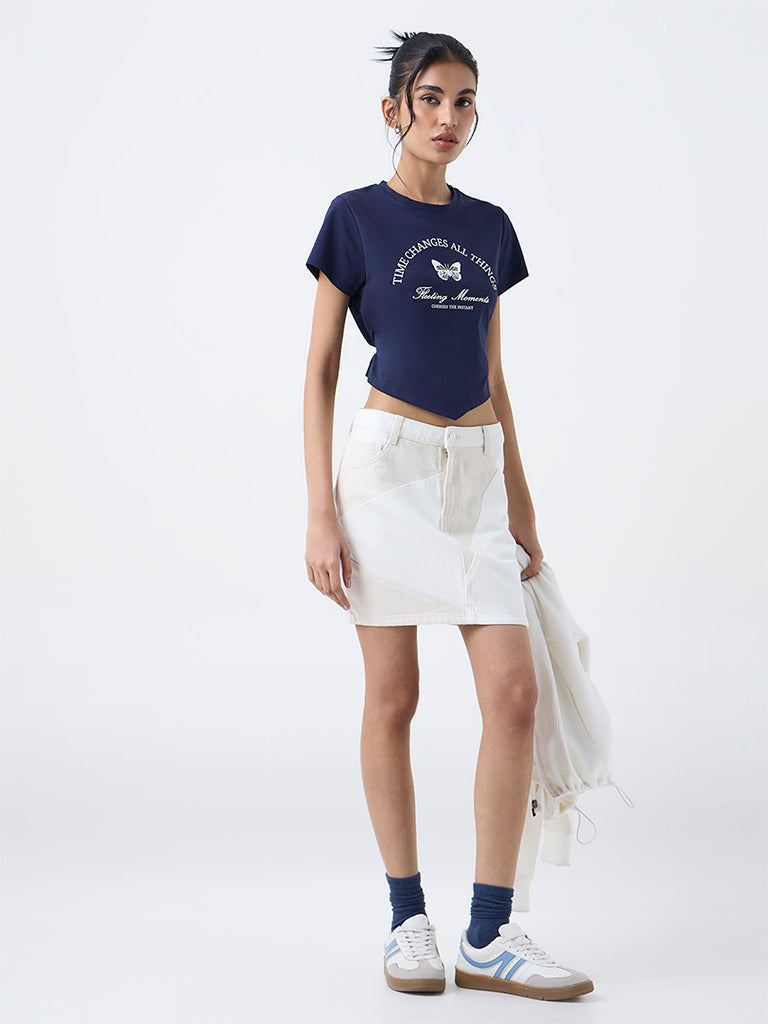 Nuon Navy Text-Design Cotton-Blend T-Shirt