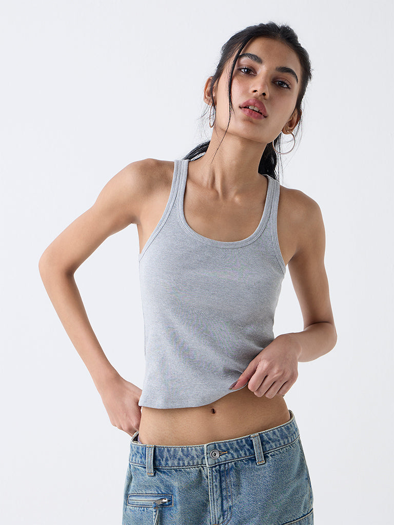 Nuon Grey Ribbed-Textured Cotton-Blend Tank Top