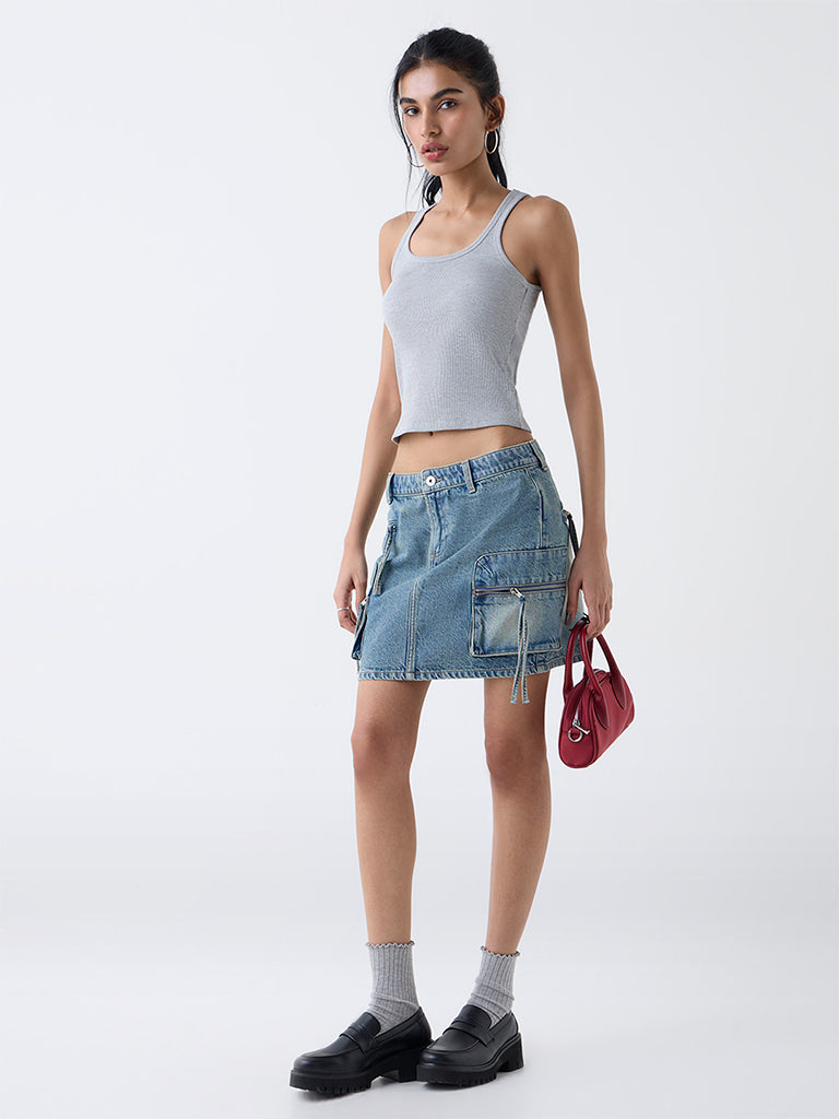 Nuon Grey Ribbed-Textured Cotton-Blend Tank Top