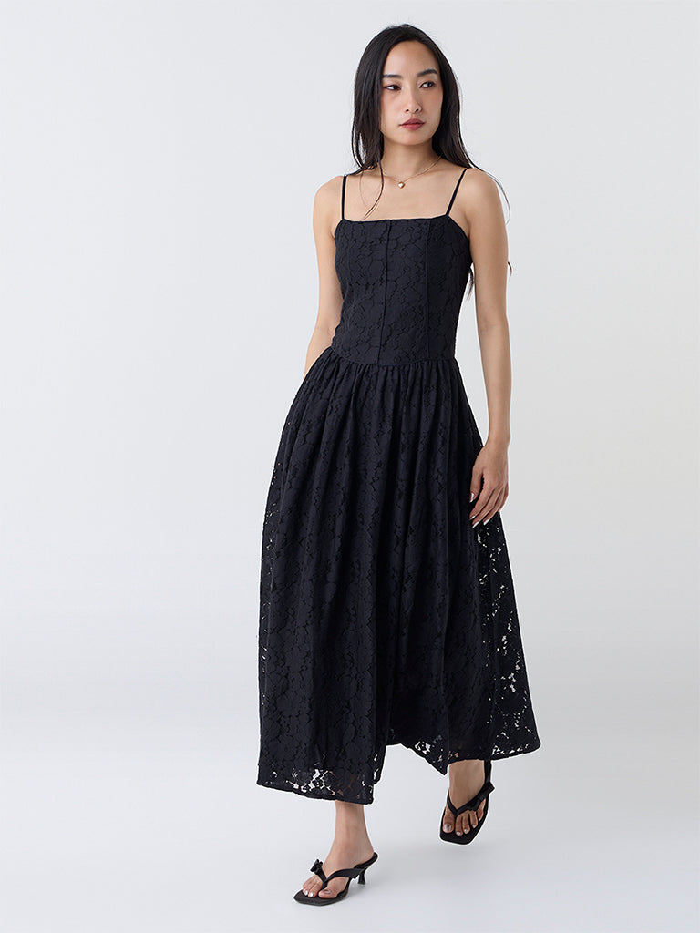 LOV Black Lace Detailed Cotton A-Line Dress