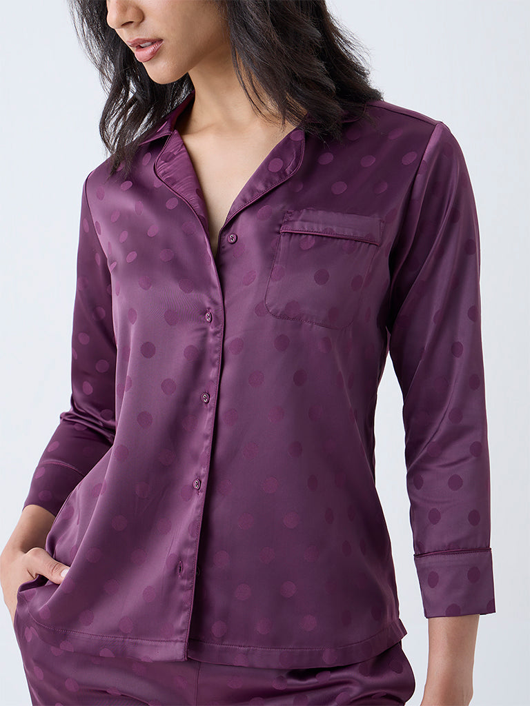 Wunderlove Plum Polka Dotted Satin Shirt with Pyjamas Set