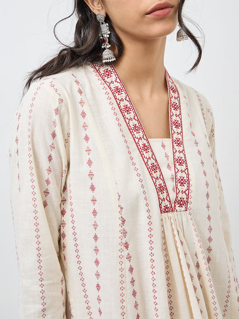 Utsa Off-White Printed Cotton A-Line Kurta