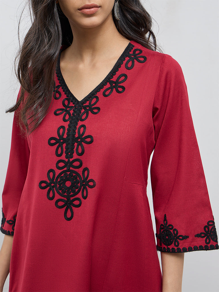 Utsa Red Embroidered Cotton-Blend A-Line Kurta