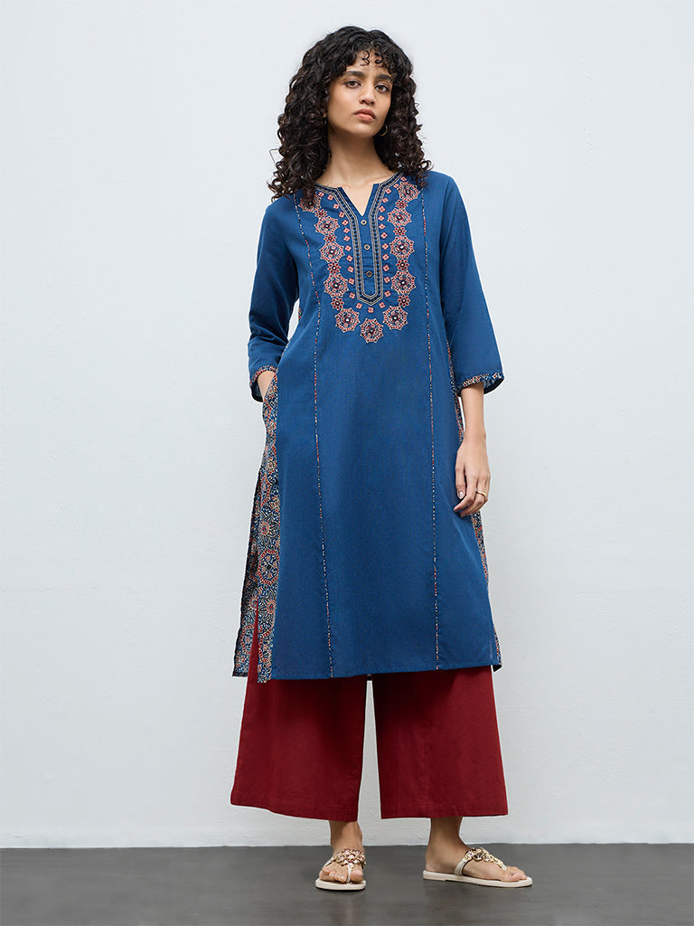 Utsa Dark Blue Embroidered Cotton A-Line Kurta