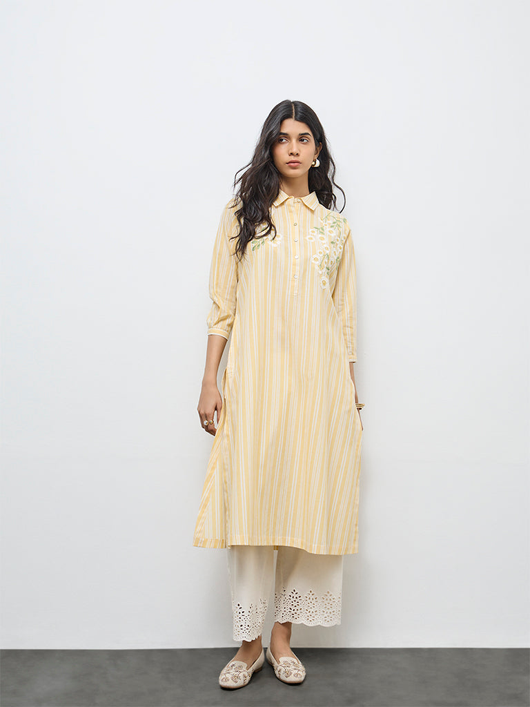 Utsa Yellow Striped Cotton A-Line Kurta