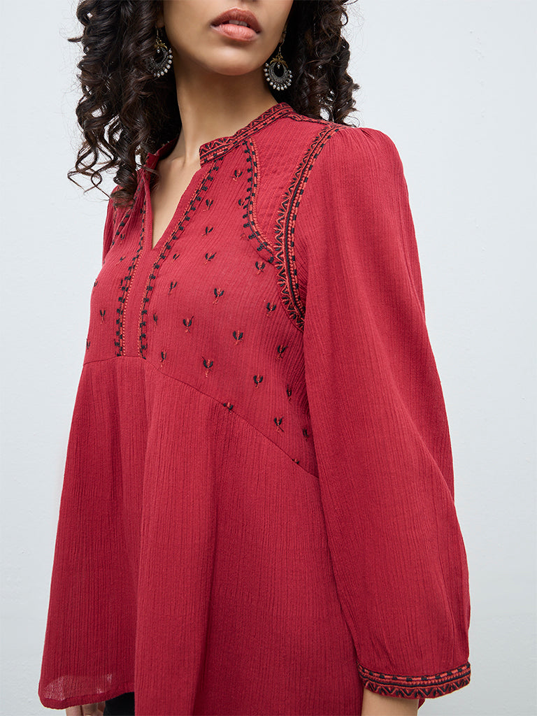 Utsa Red Crinkle Textured Embroidered Cotton Tunic