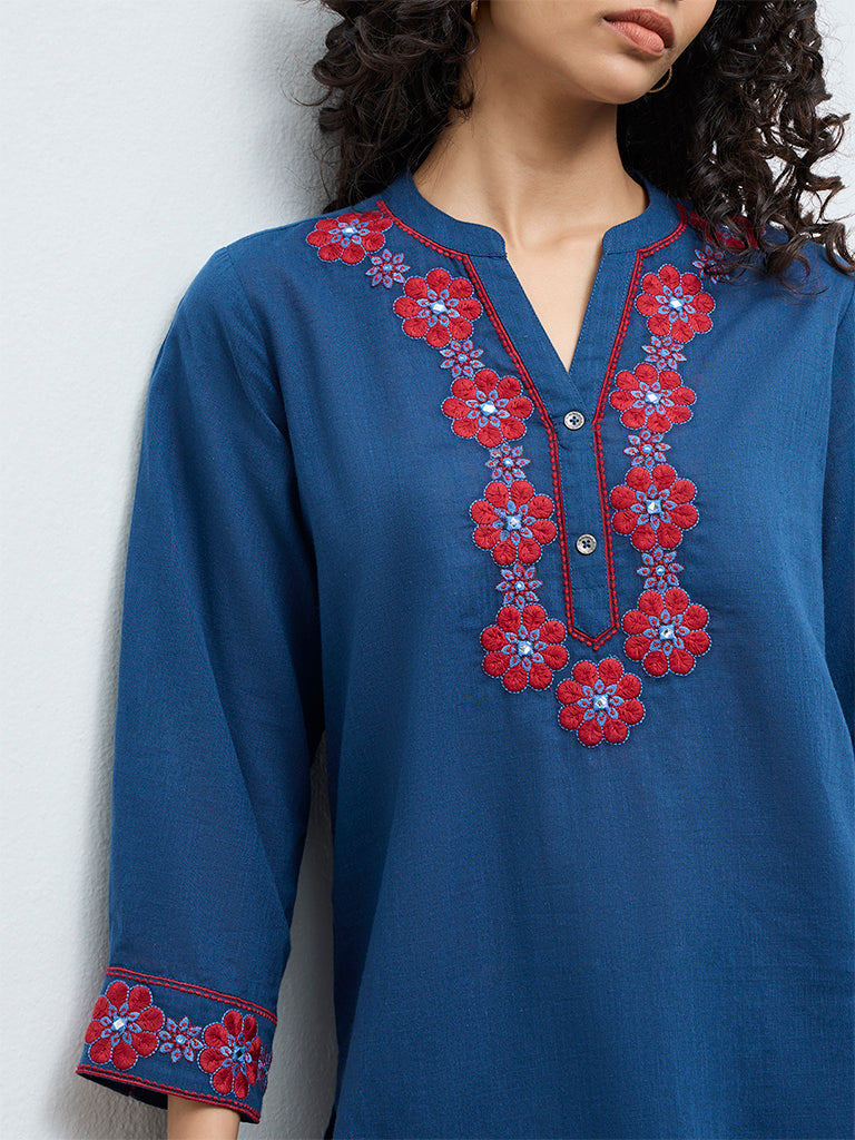 Utsa Indigo Floral Embroidered Cotton A-Line Tunic
