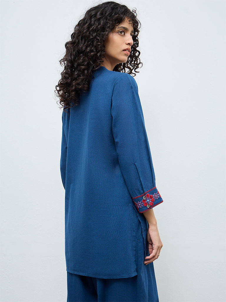 Utsa Indigo Floral Embroidered Cotton A-Line Tunic