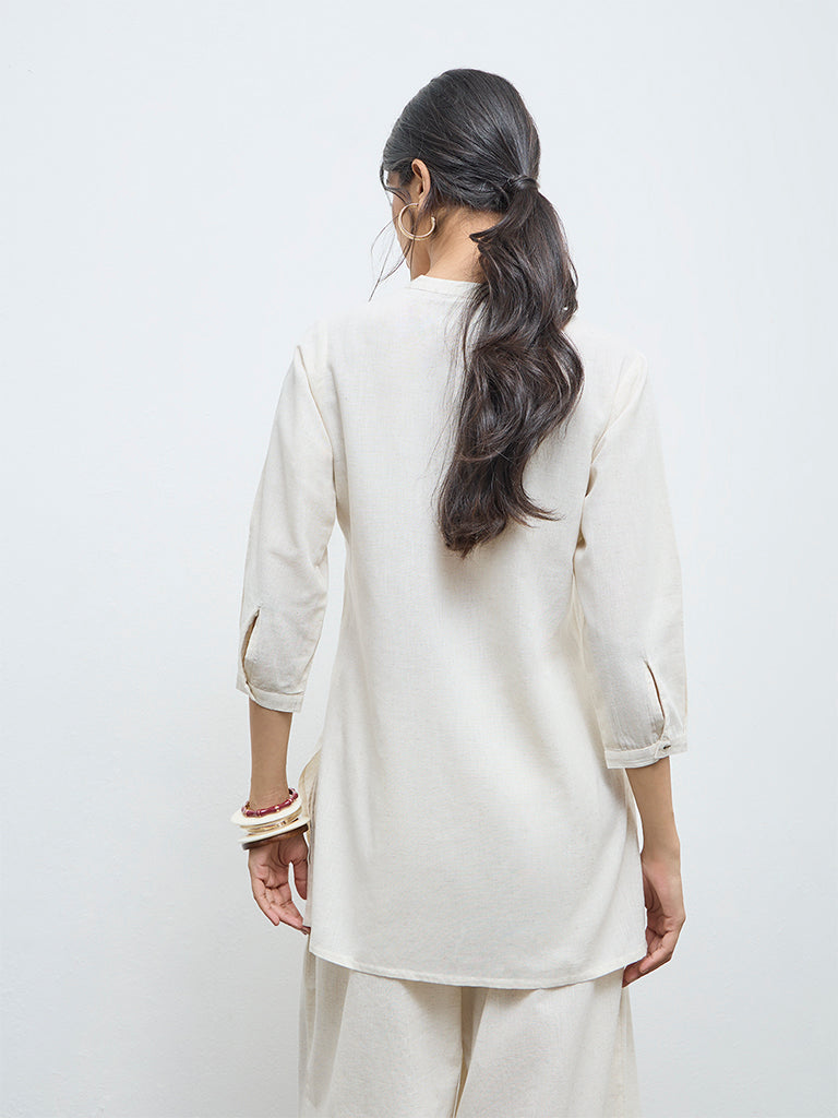 Utsa Off-White Floral Embroidered Cotton-Blend Tunic