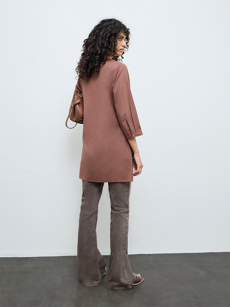 Utsa Brown Embroidered Cotton-Blend Tunic