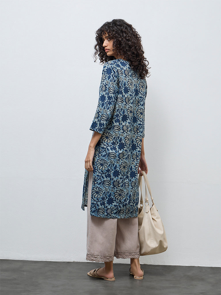 Utsa Blue Floral Design Cotton Straight Kurta
