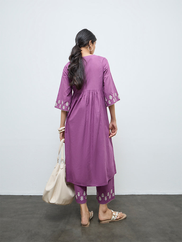Utsa Purple Floral Embroidered Cotton A-Line Kurta