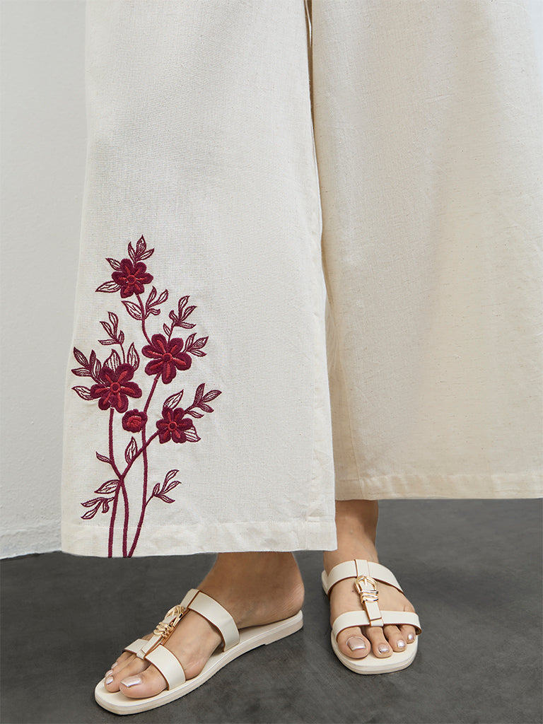 Utsa Off-White Floral Embroidered Cotton-Blend Pants