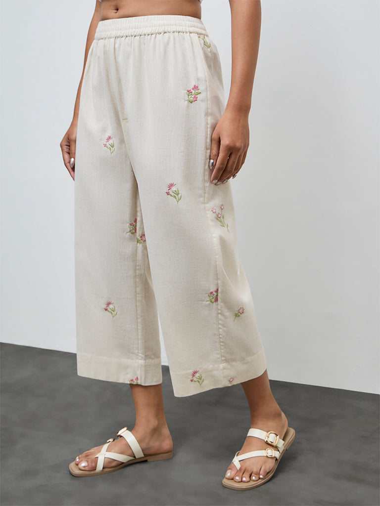 Utsa Off-White Floral Embroidered Cotton-Blend Pants