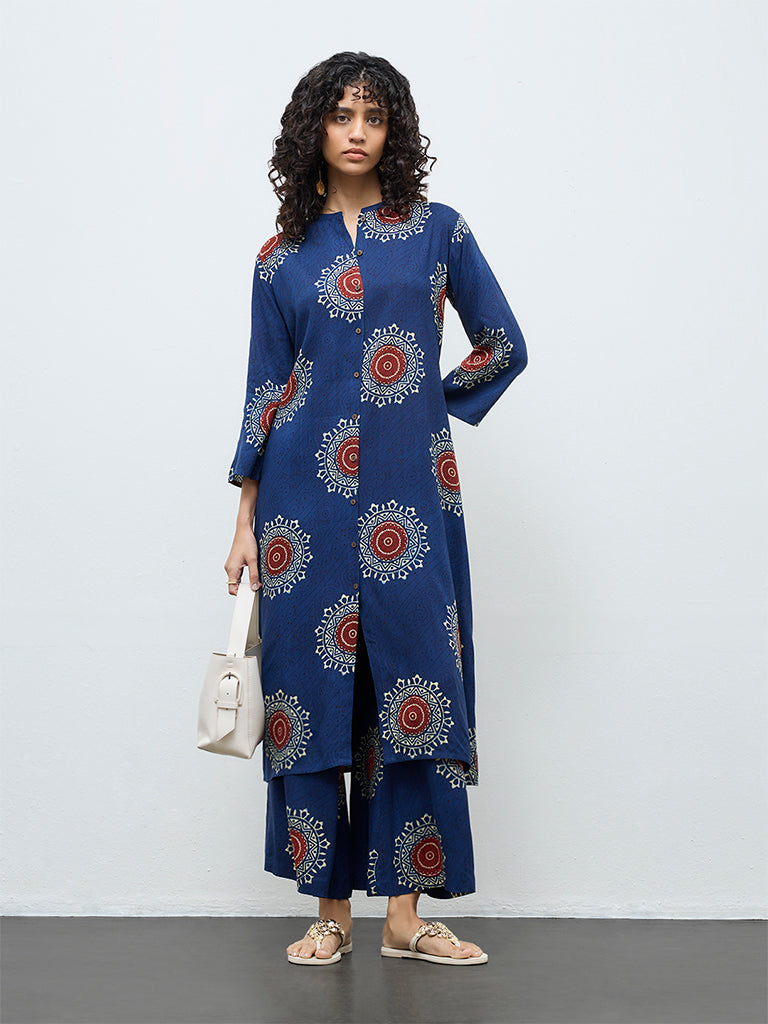 Utsa Indigo Geometric Printed Flared Palazzos
