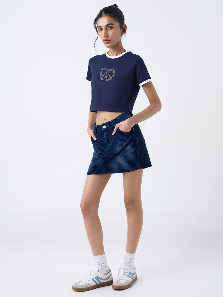 Nuon Navy Bow-Design Cotton-Blend T-Shirt