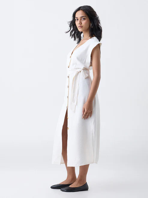 LOV White Solid A-Line Dress with Belt