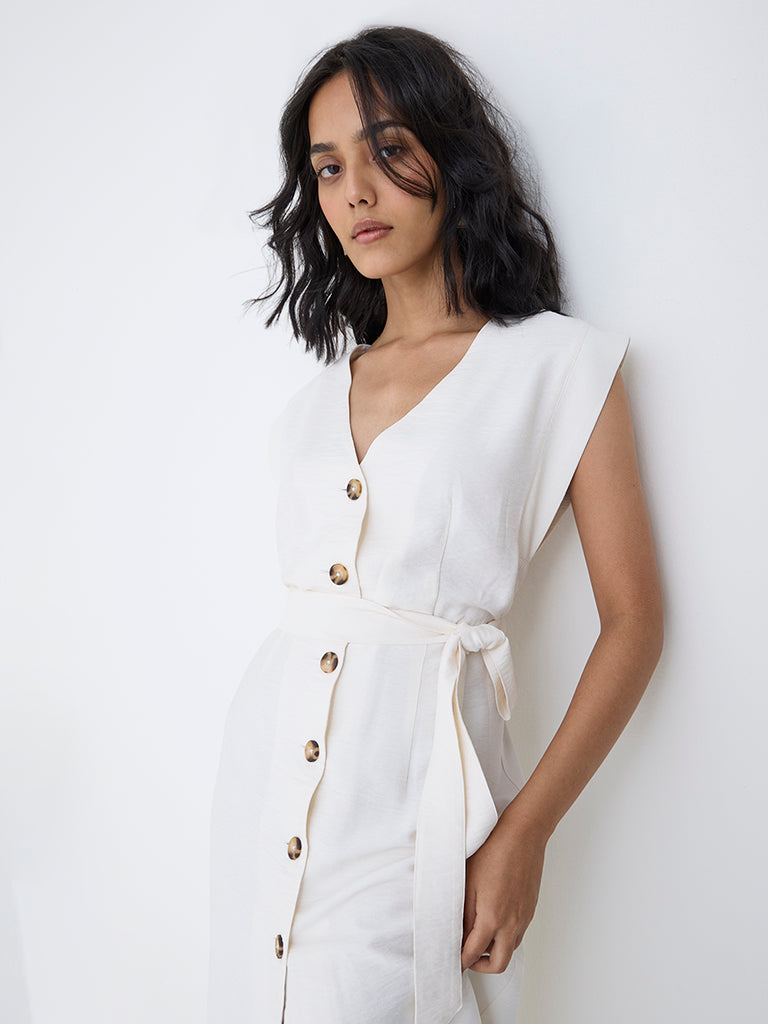 LOV White Solid A-Line Dress with Belt