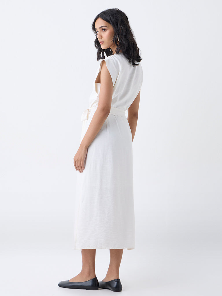 LOV White Solid A-Line Dress with Belt