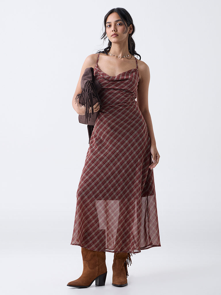 LOV Maroon Checks Cowl Neck A-Line Dress