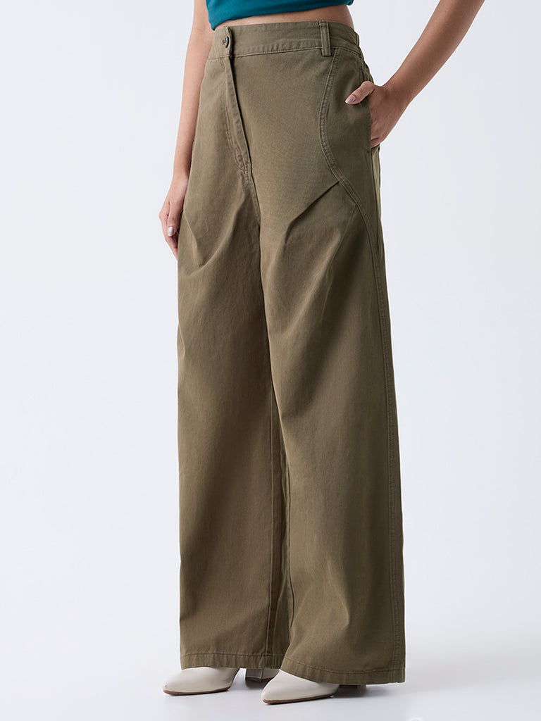 LOV Olive High-Rise Baggy Cotton Trousers