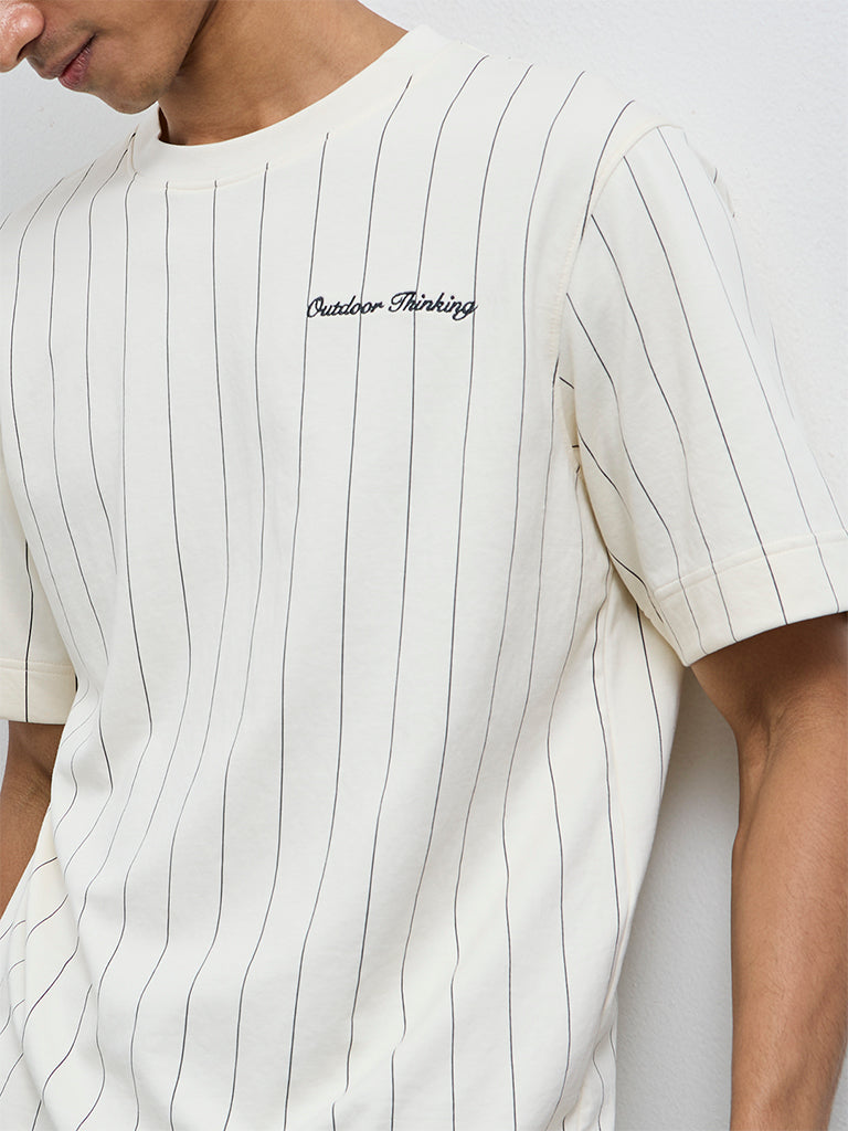 Studiofit Off-White Striped Pattern Relaxed-Fit Cotton-Blend T-Shirt