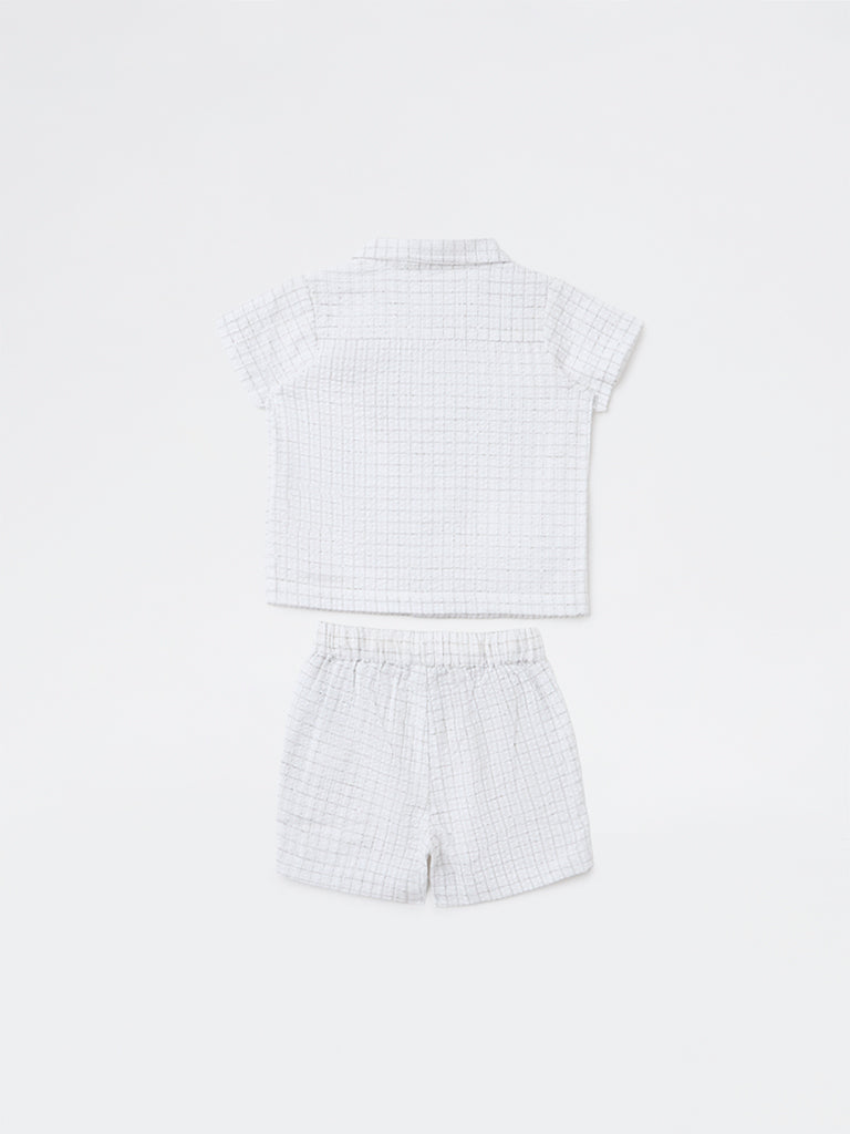 HOP Baby Boys White Checkered Cotton Shirt and Shorts Set