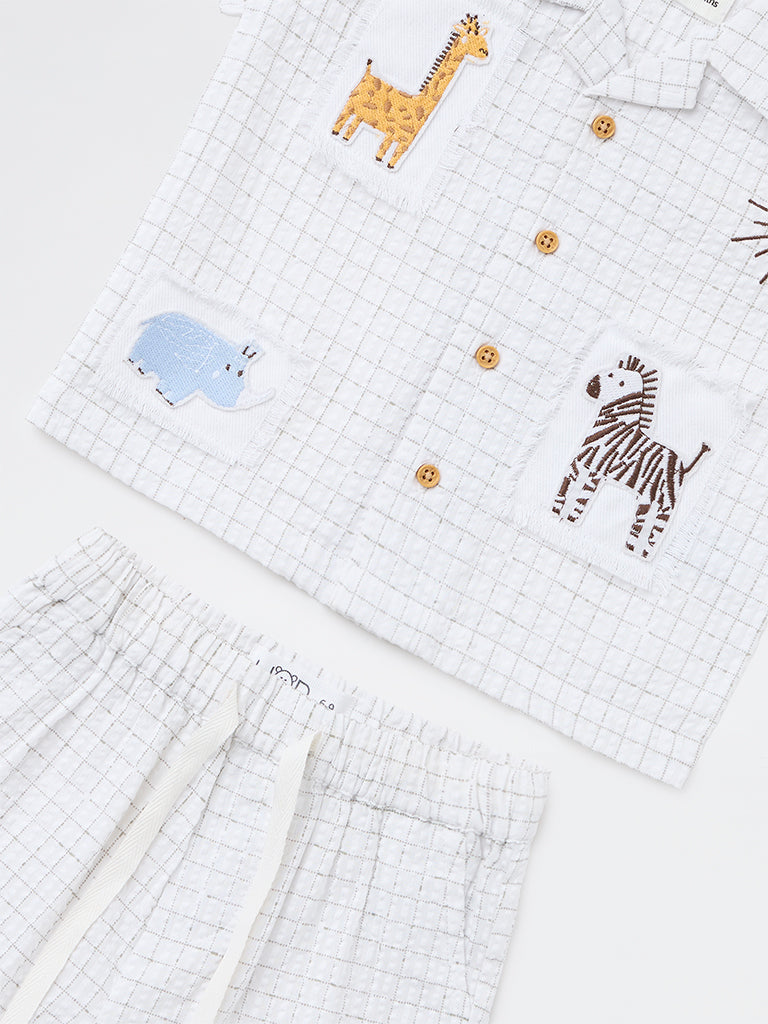 HOP Baby Boys White Checkered Cotton Shirt and Shorts Set