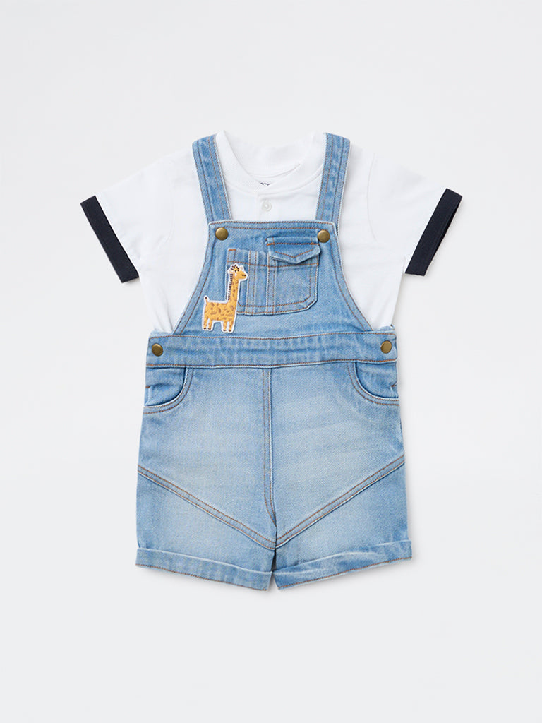 HOP Baby Boys Blue Embroidered T-Shirt and Denim Dungaree Set