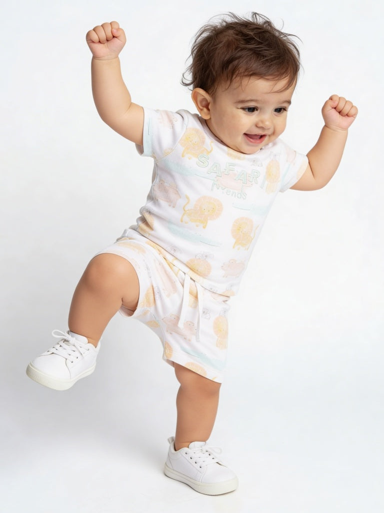 HOP Baby Boys Multicolour Animal Printed Cotton T-Shirt and Shorts Set