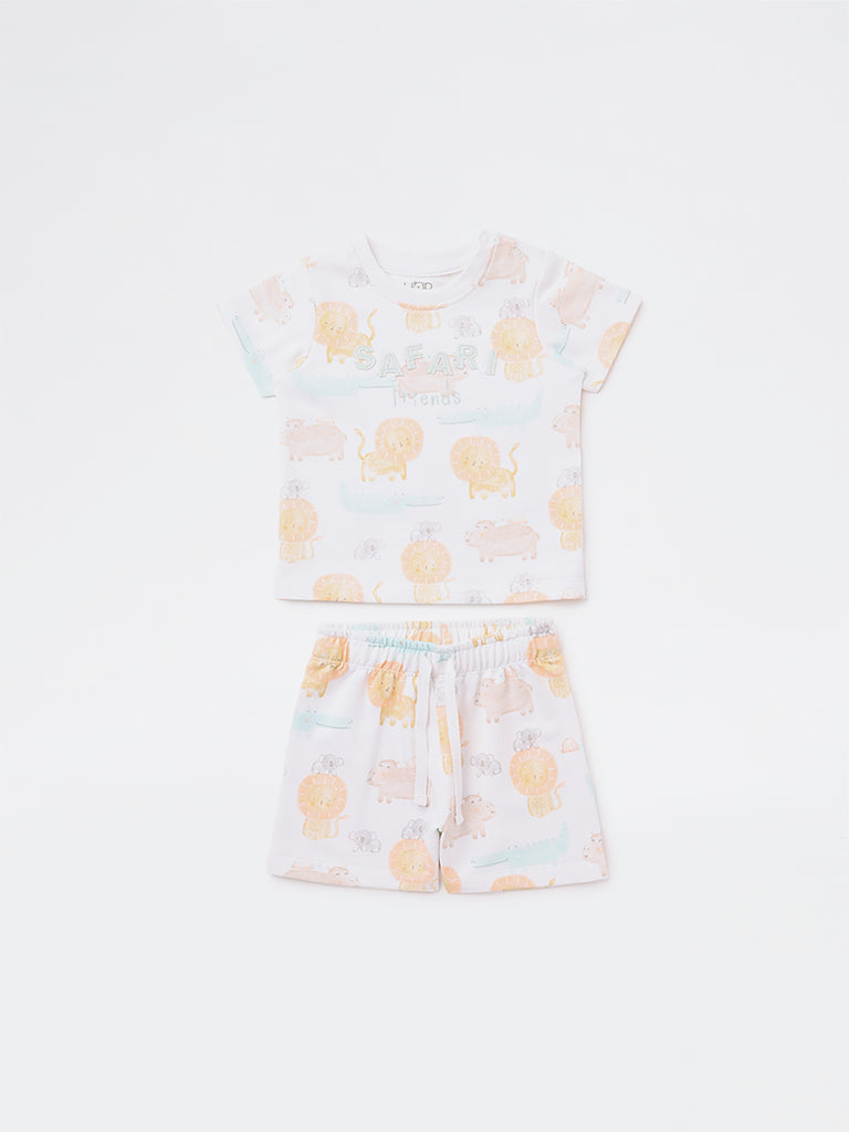 HOP Baby Boys Multicolour Animal Printed Cotton T-Shirt and Shorts Set