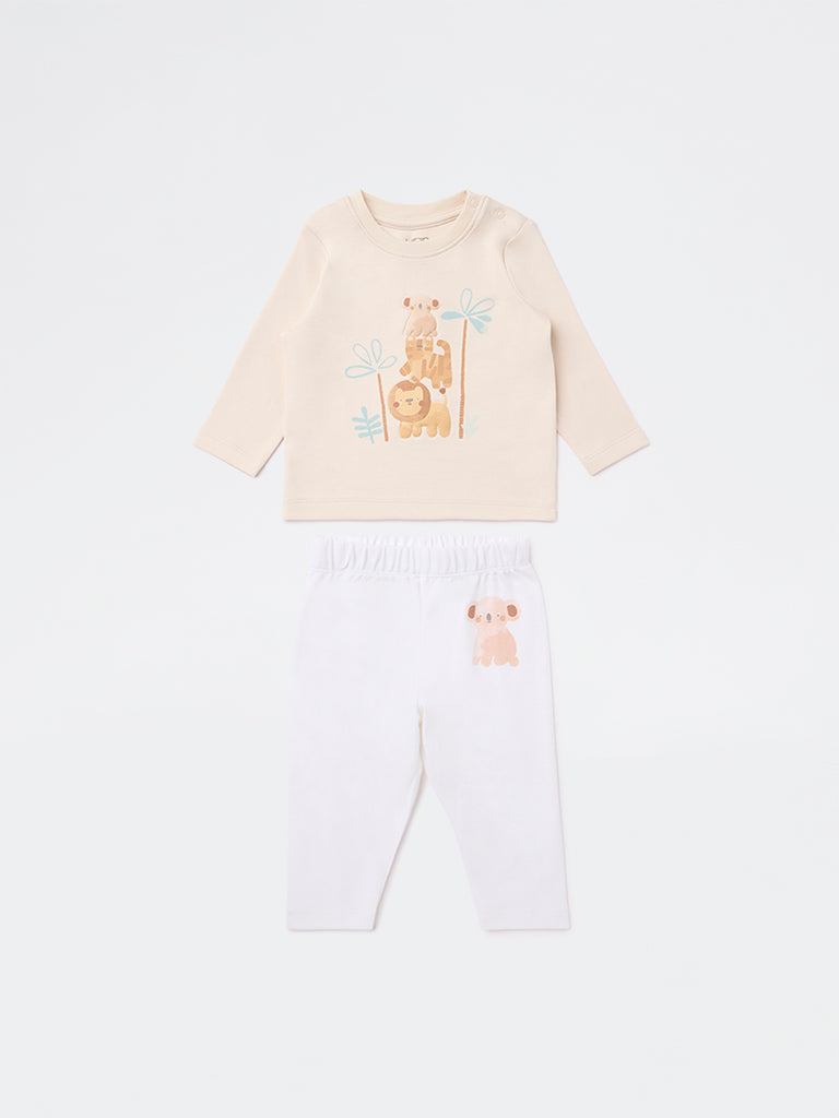HOP Baby Boys Multicolour Animal Printed Cotton T-Shirt and Pants Set
