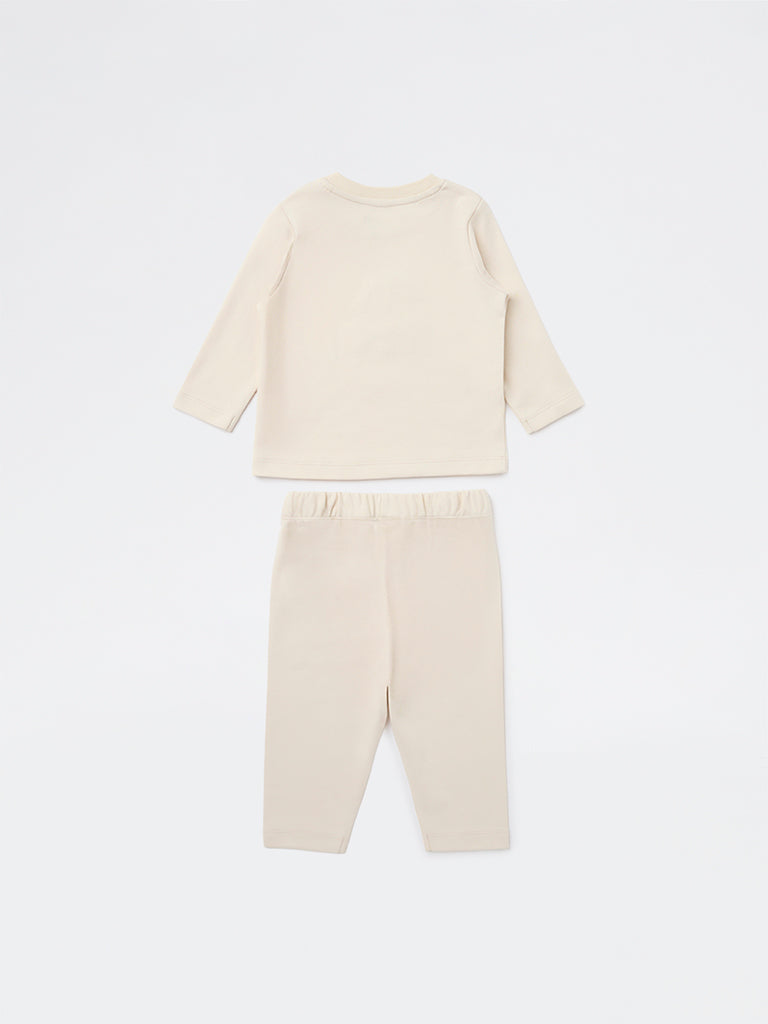 HOP Baby Boys Beige Printed Cotton T-Shirt and Pants Set