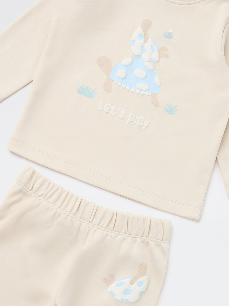 HOP Baby Boys Beige Printed Cotton T-Shirt and Pants Set