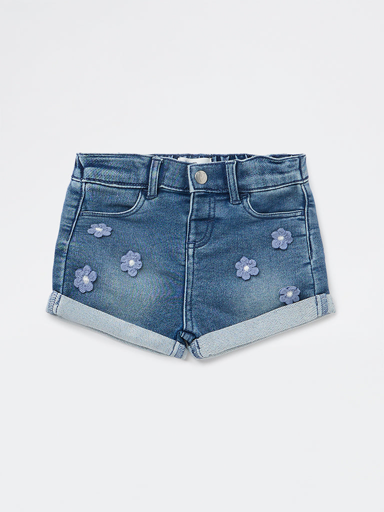 HOP Baby Girls Blue Floral Applique High-Rise Denim Shorts