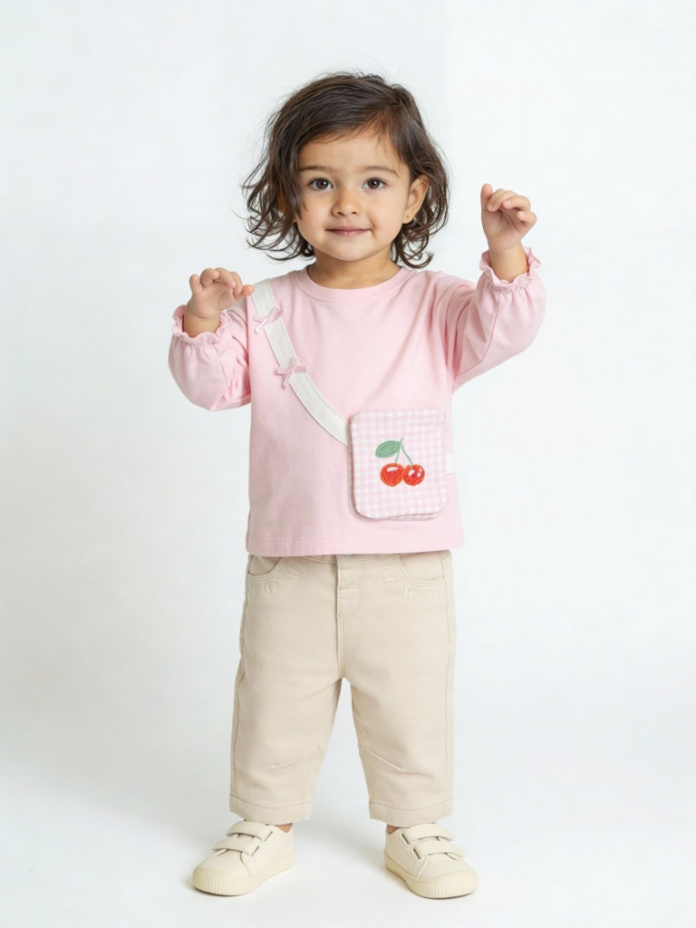 HOP Baby Girls Beige Mid-Rise Cotton-Blend Trousers