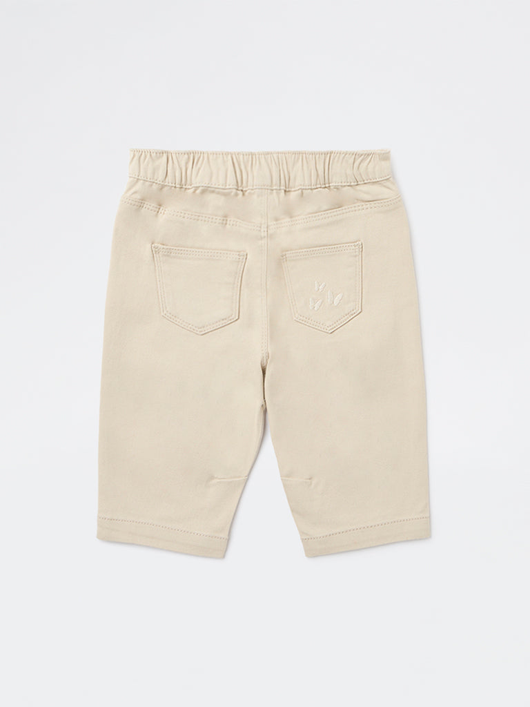 HOP Baby Girls Beige Mid-Rise Cotton-Blend Trousers