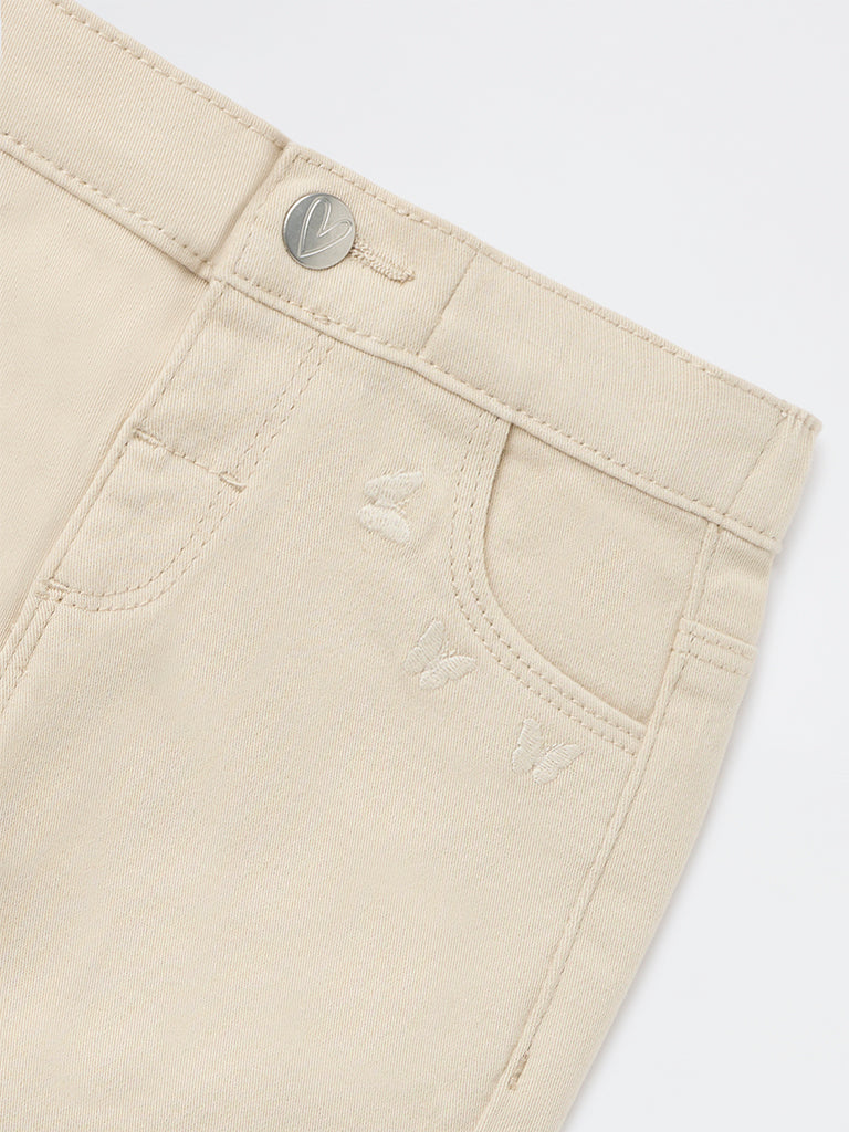HOP Baby Girls Beige Mid-Rise Cotton-Blend Trousers