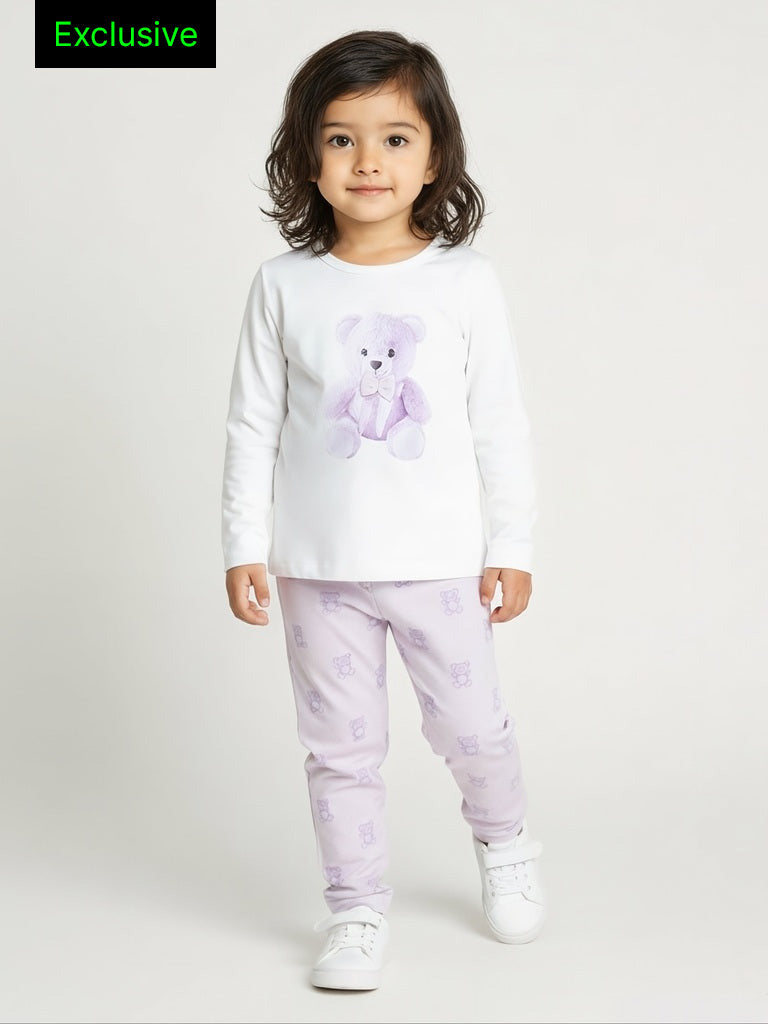 HOP Baby Girls Lilac Teddy Printed Cotton T-Shirt and Pants Set - Exclusive